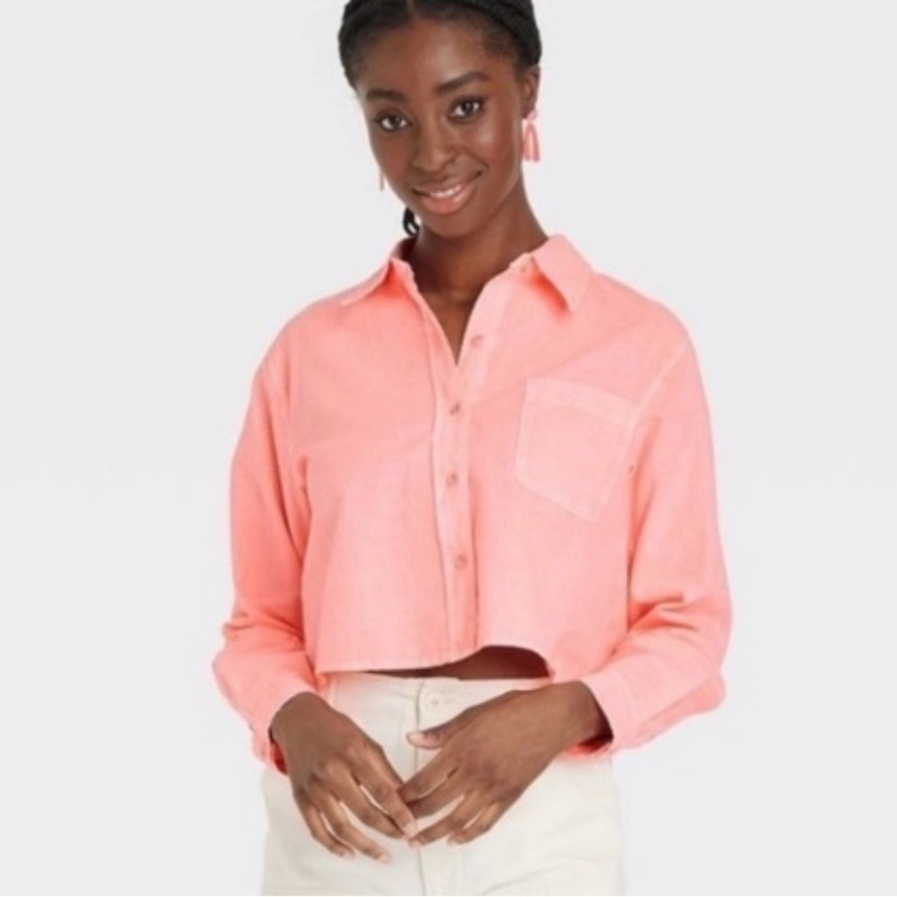 Universal Thread Coral Pink Cotton Linen‎ Cropped Button-Down Shirt Size Medium